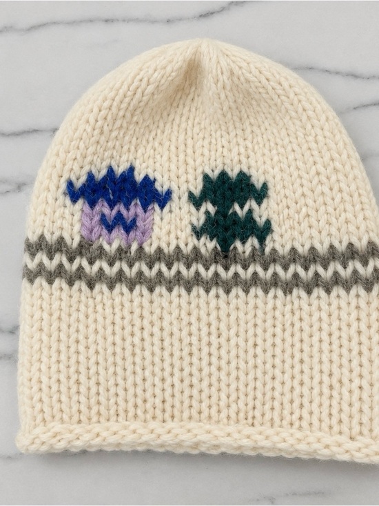 Cream Wool Knit Beanie with Blue, Purple & Green Accents